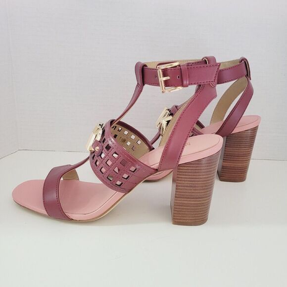 8.5 Women's MK MICHAEL KORS Burgundy Wine Ankle Strappy Block Heel Sandals - Picture 12 of 14